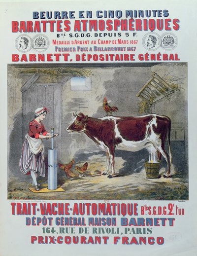 Pubblicità per il Burro Atmosferico e la Macchina Automatica per la Mungitura, da Maison Barnett, Parigi, c.1867 da Jules Gras